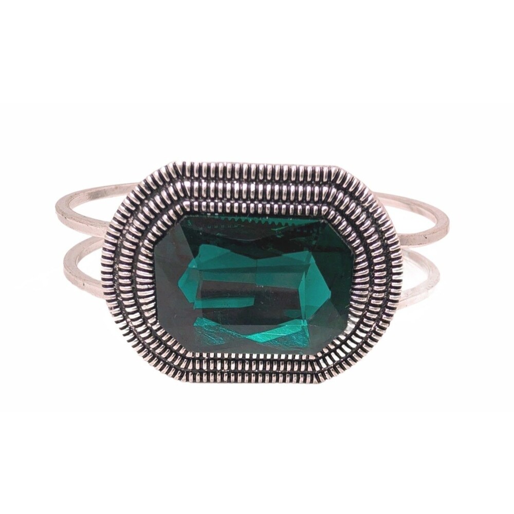 New Dark Green Rhinestone Statement Hinged Cuff Bracelet Silver Tone Clamper